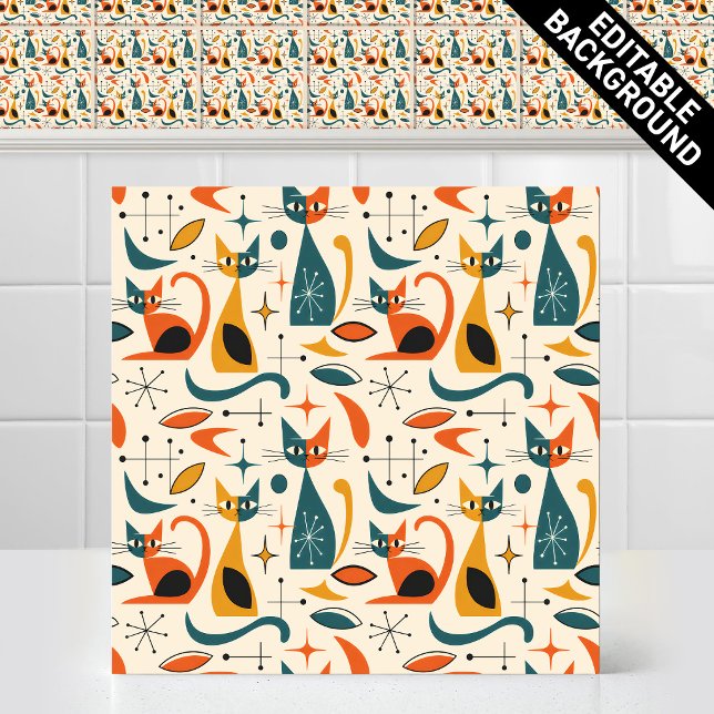 1950s Atomic Mid Century Modern Retro Cats Pattern Ceramic Tile (Funny Editable Background Vintage 1950s Atomic Mid Century Modern Retro Cats Pattern Ceramic Tile)