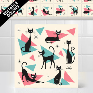 1950s Atomic Retro Cats Colours Fully Editable Ceramic Tile