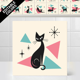 1950s Atomic Retro Sitting Cat Editable Colours Ceramic Tile