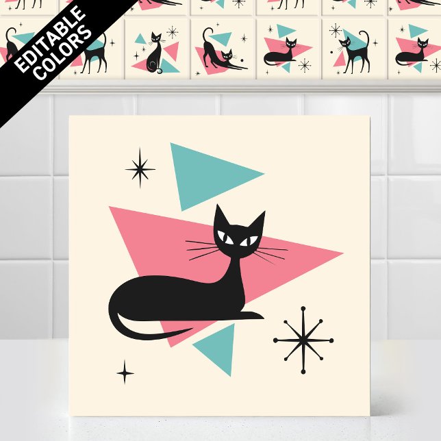 1950s Atomic Retro Sleeping Cat Editable Colours Ceramic Tile (Customize the colors of thjs funny 1950s Atomic Retro Sleeping Cat Ceramic Tile Editable Mural)