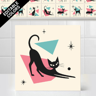1950s Atomic Retro Stretching Cat Editable Colours Ceramic Tile