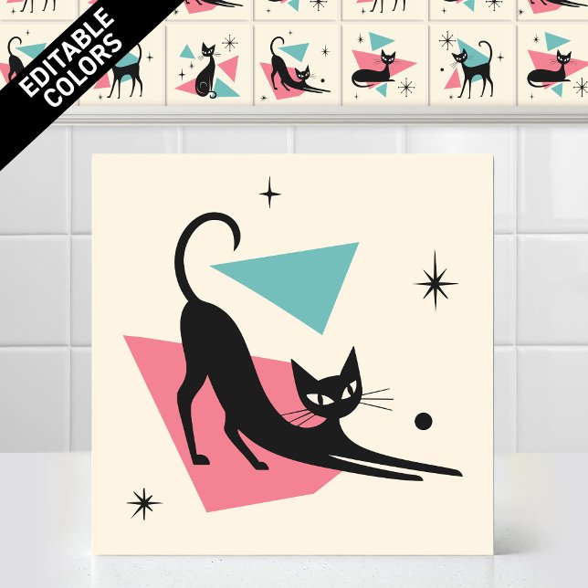 1950s Atomic Retro Stretching Cat Editable Colours Ceramic Tile (Customize the colors of thjs funny 1950s Atomic Retro Stretching Cat Ceramic Tile Editable Mural)