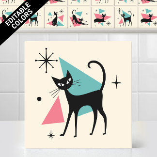 1950s Atomic Retro Walking Cat Editable Colours Ceramic Tile