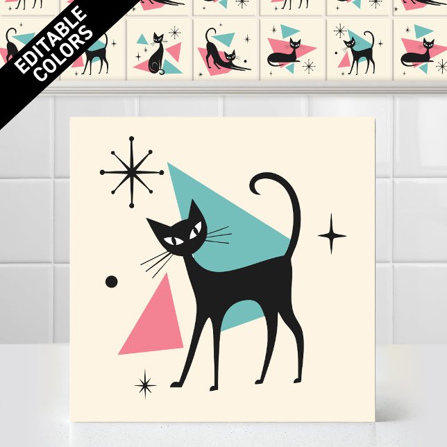 1950s Atomic Retro Walking Cat Editable Colours Ceramic Tile (Customize the colors of thjs funny 1950s Atomic Retro Walking Cat Ceramic Tile Editable Mural)