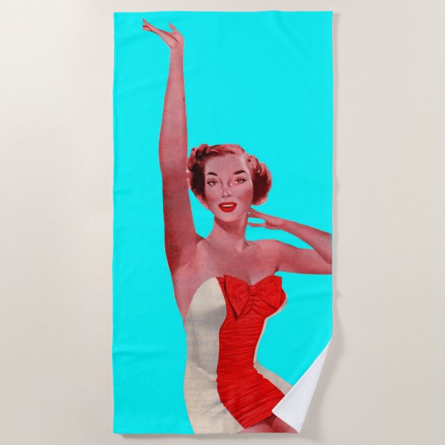 1950s bathing beauty waving to you beach towel (Front)