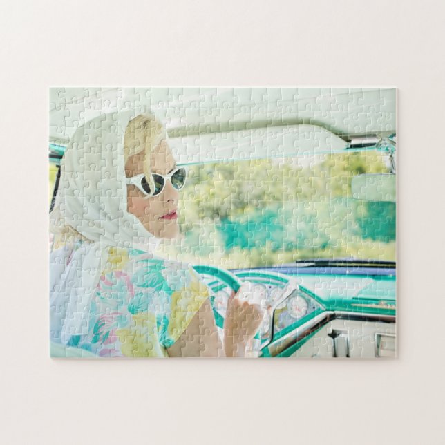 1950's Blond in a Turquoise Thunderbird Jigsaw Puzzle (Horizontal)