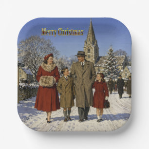 1950s British Family Christmas Church Stroll Paper Plate