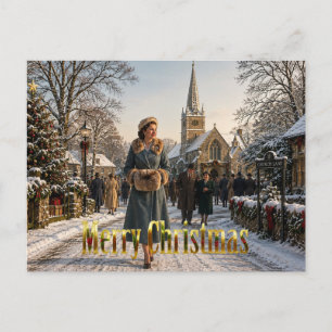 1950s Christmas Lady English Village Postcard