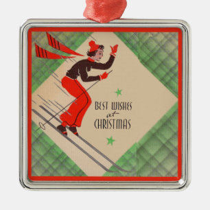 1950s Christmas skier Metal Ornament