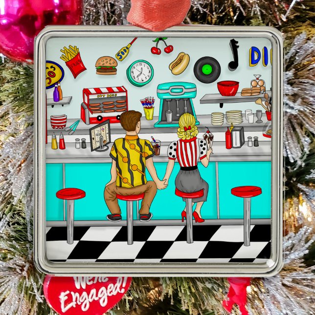 1950's Couple Holding Hands at Diner Christmas  Metal Ornament (Creator Uploaded)