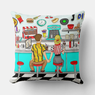 1950's Couple Holding Hands at Diner Cushion