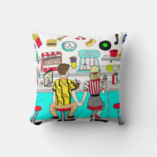 1950's Couple Holding Hands at Diner Cushion