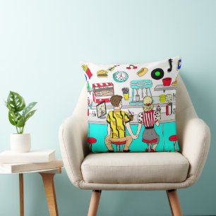 1950's Couple Holding Hands at Diner Cushion