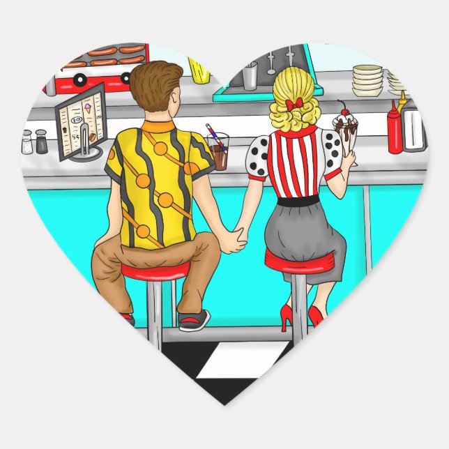 1950's Couple Holding Hands at Diner    Heart Sticker (Front)