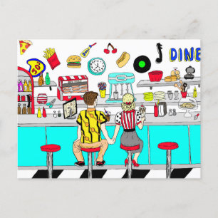 1950's Couple Holding Hands at  Diner  Postcard