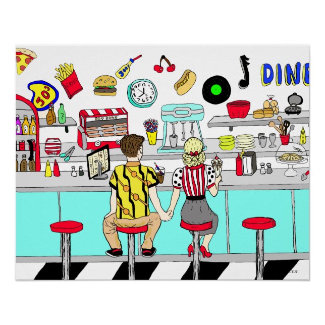 1950's Couple Holding Hands at  Diner  Poster (Front)