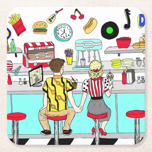 1950's Couple Holding Hands at  Diner  Square Paper Coaster (Front)