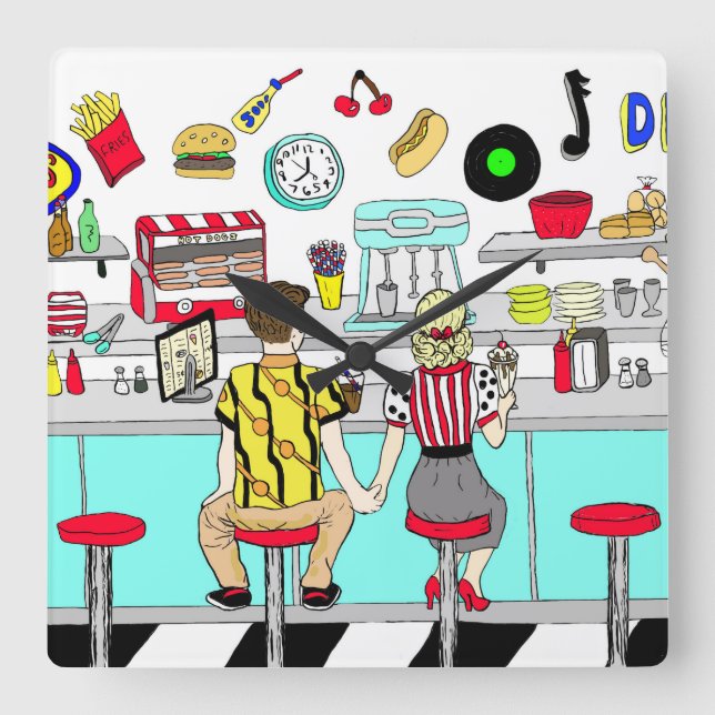1950's Couple Holding Hands at  Diner  Square Wall Clock (Front)
