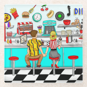 1950's Diner   Couple Holding Hands   Glass Coaster