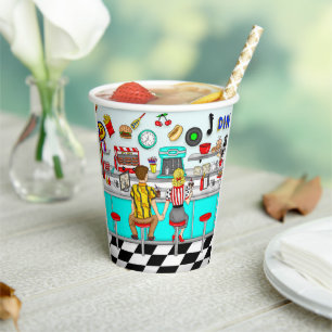 1950's Diner Couple Holding Hands Paper Cups