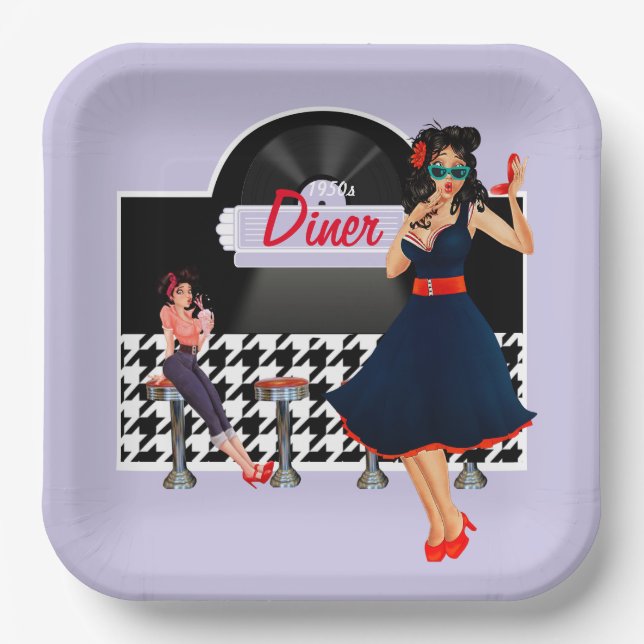 1950s Diner lavender black & white chequered Paper Plate (Front)