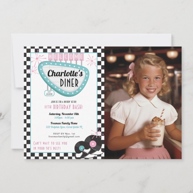 1950s Diner Photo Birthday Invitation – Retro Sock (Front)