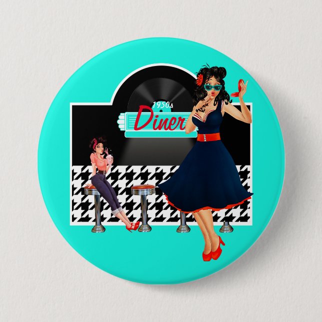1950s Diner teal black & white chequered retro 7.5 Cm Round Badge (Front)
