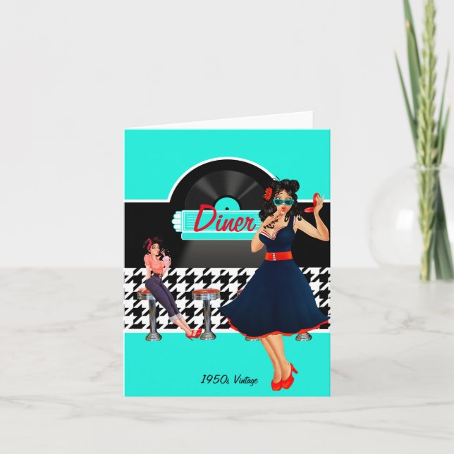 1950s Diner teal black & white chequered retro Invitation (Front)