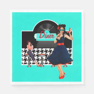 1950s Diner teal black & white chequered retro Napkin