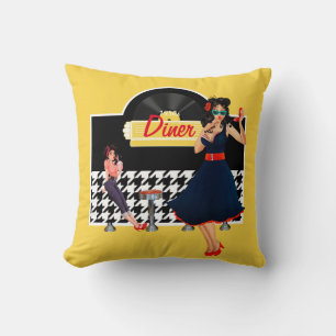 1950s Diner yellow black & white chequered Cushion