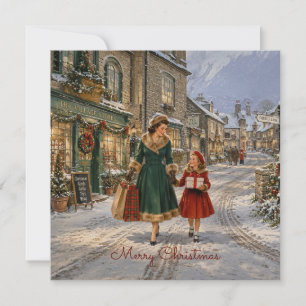 1950s English Village Mother Christmas Shopping Holiday Card