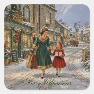 1950s English Village Mother Christmas Shopping Square Sticker