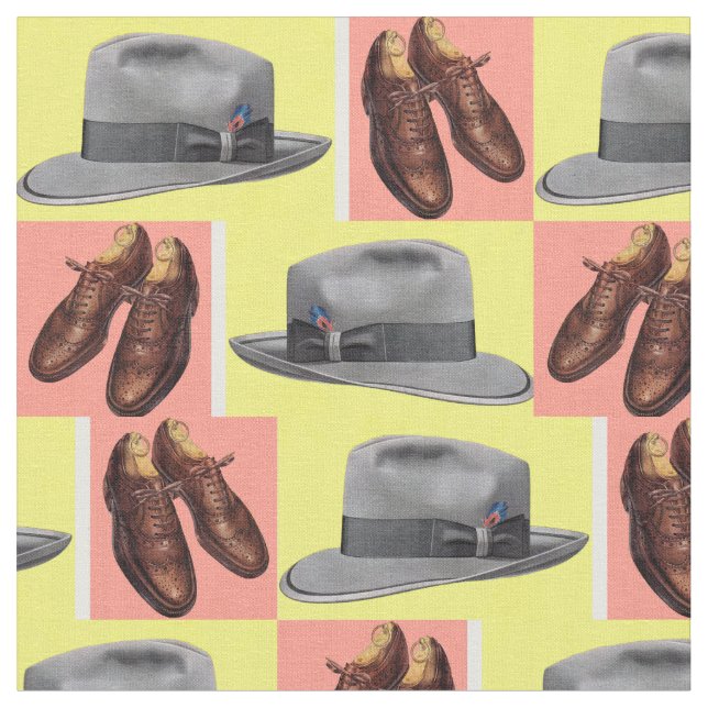 1950s fedora and wingtip shoes print fabric (Close Up)