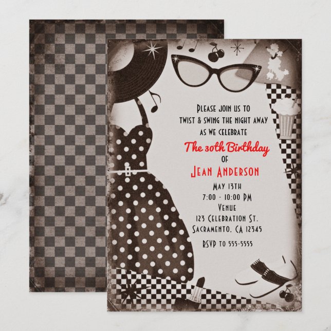 1950's Fifties Dress Up Retro Vintage Black White Invitation (Front/Back)