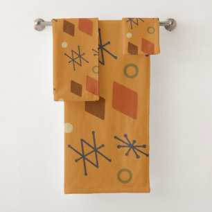 1950s Geometric Abstract Art Burnt Orange Bath Towel Set