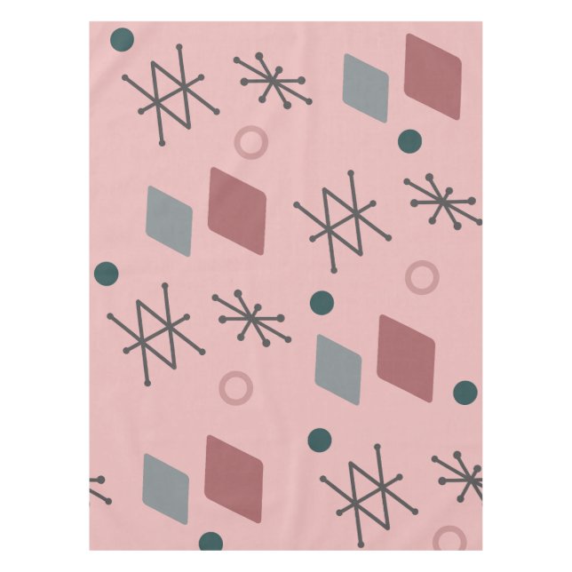 1950s Geometric Abstract Art Pink Grey Tablecloth (Front)