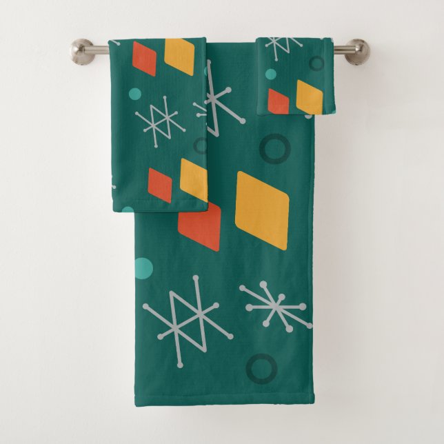 1950s Geometric Abstract Art Teal Bath Towel Set (Insitu)