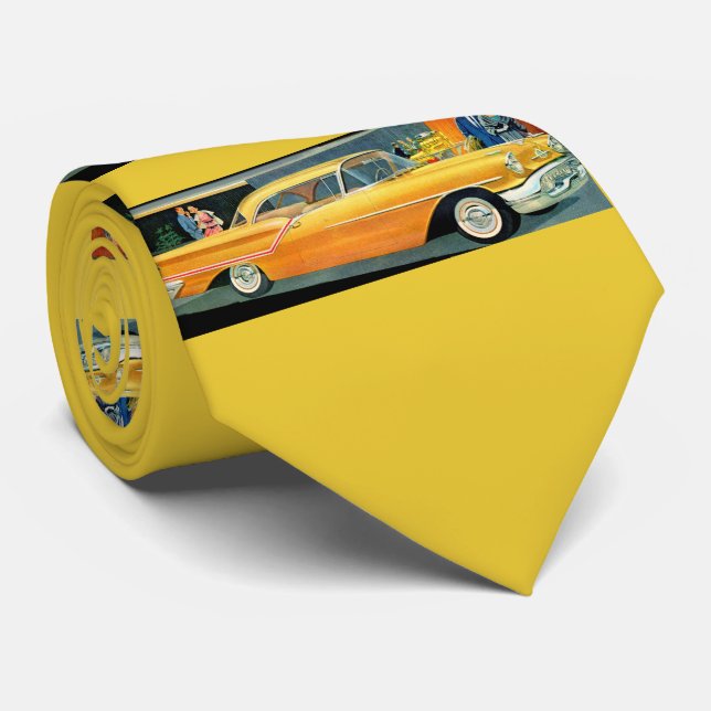 1950s golden Rocket 88 Oldsmobile print Tie (Rolled)