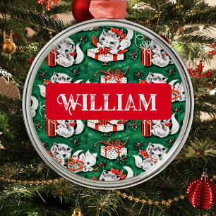 1950's Green Vintage Christmas Kitten Pattern Name Metal Ornament