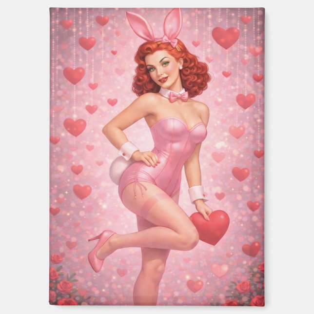 1950s Inspired Pink Bunny Art | Playful Valentine  Magnet (Front)