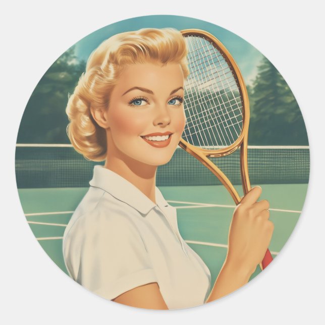 1950s Magazine Illustration Tennis Woman Classic Round Sticker (Front)