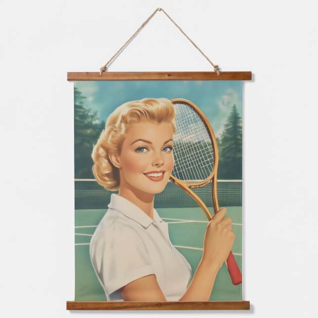 1950s Magazine Illustration Tennis Woman Hanging Tapestry (Front)