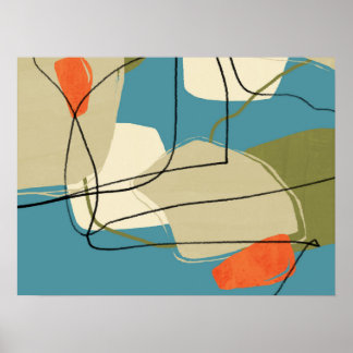 1950s Mid Century Modern Abstract Blue and Beige Poster