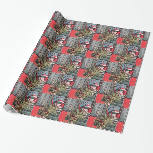 1950's Mid-Century Red Chest Ornaments Gifts Wrapping Paper (Unrolled)