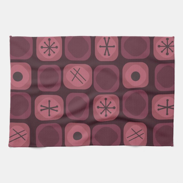 1950s Mod Art Soft Cubes Burgundy Tea Towel (Horizontal)