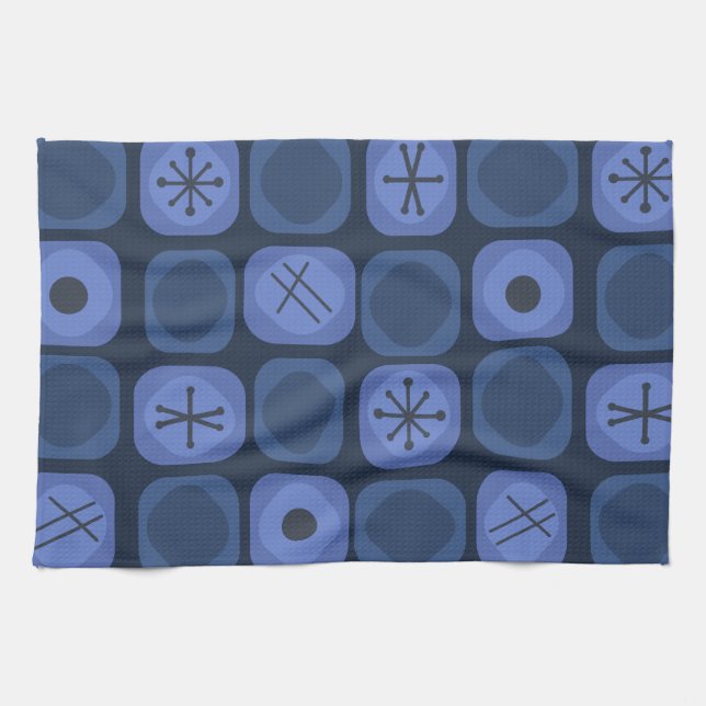 1950s Mod Art Soft Cubes Navy Blue Tea Towel (Horizontal)
