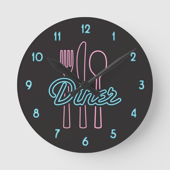 1950s Neon Diner Pink, Blue silverware Round Clock (Front)