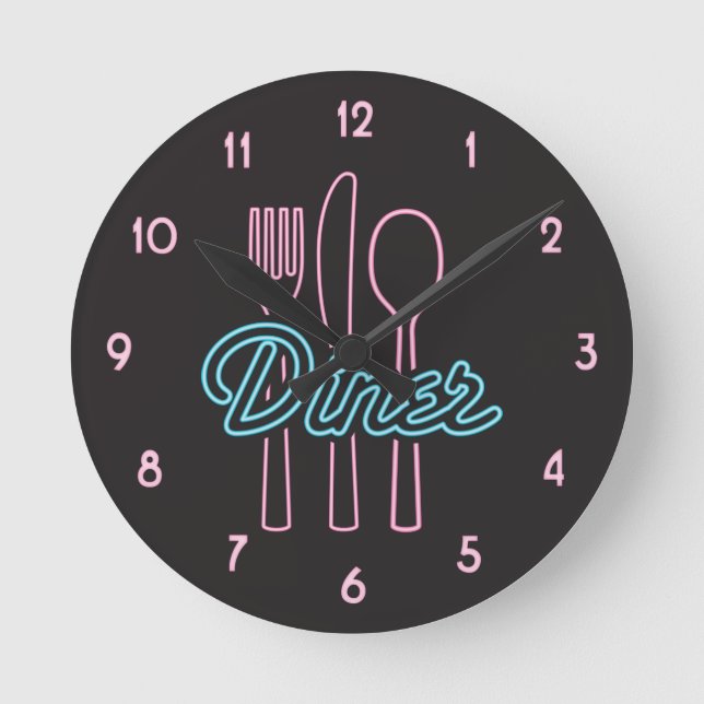 1950s Neon Diner Pink, Blue silverware Round Clock (Front)