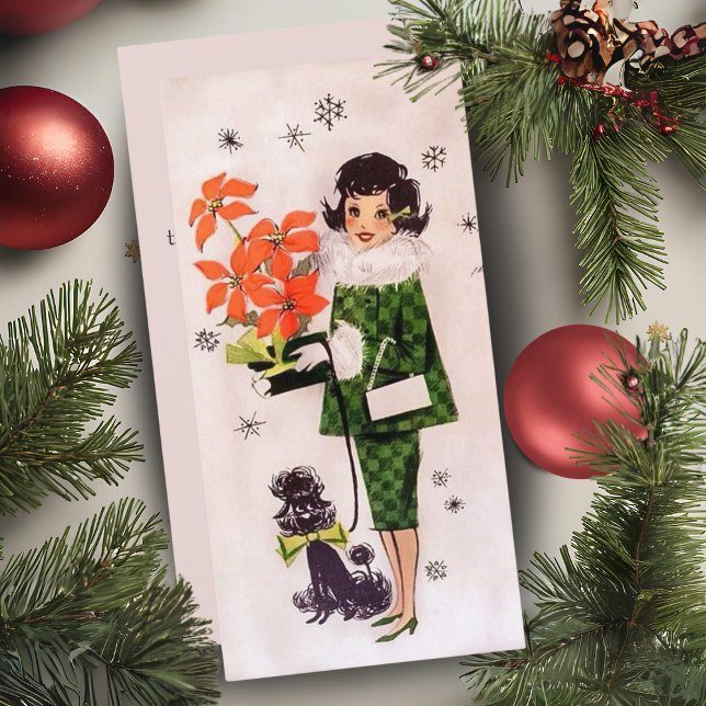 1950s Poinsettia And Poodle Lady Custom Christmas Holiday Card (1950s Poinsettia And Poodle Lady Custom Christmas Holiday Card. Just add your name & special message)