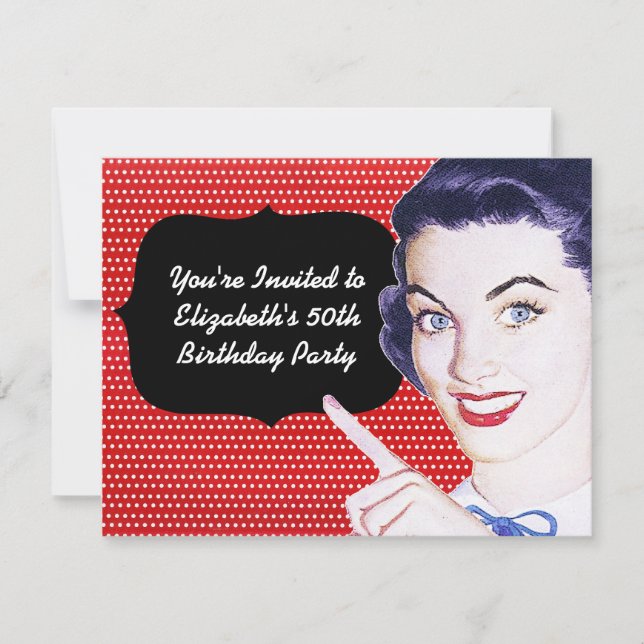 1950s Pointing Woman Birthday Invitation (Front)